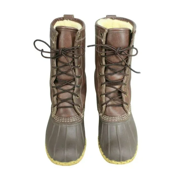 LL Bean Brown Leather Lace Up Shearling Lined Mid Calf Duck Boots Size 7 M - Picture 4 of 9